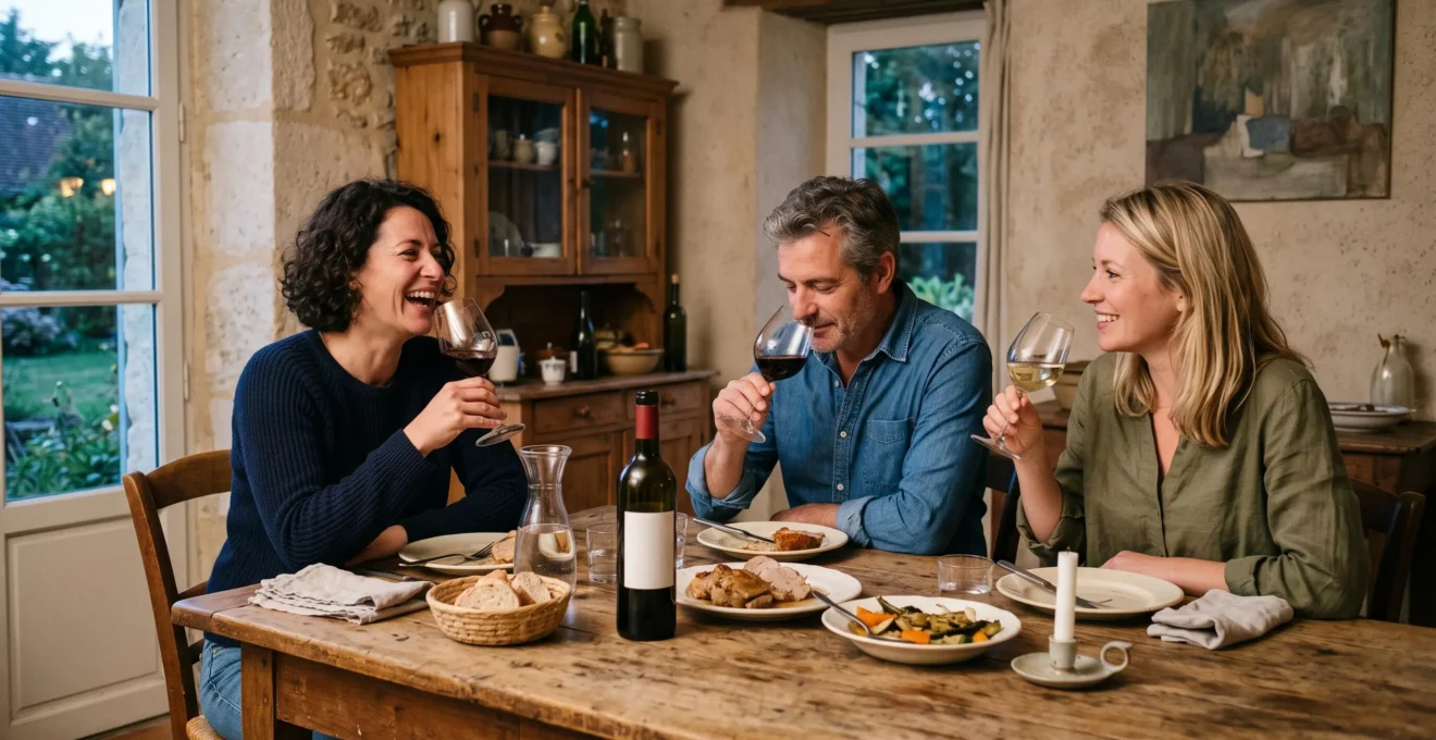 Trois amis dégustent du vin autour d'une table rustique lors d'un dîner détendu, verres en main et conversation animée.