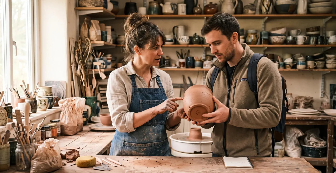 Un artisan dans son atelier montre une céramique faite main à un voyageur qui examine l'objet entre ses mains.