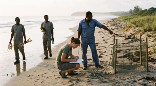 Des bénévoles et des guides locaux inspectent une zone de nidification de tortues marines sur une plage au lever du soleil.