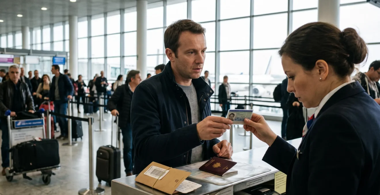 Un agent de compagnie aérienne examine la carte d'identité d'un voyageur au comptoir d'enregistrement d'un aéroport