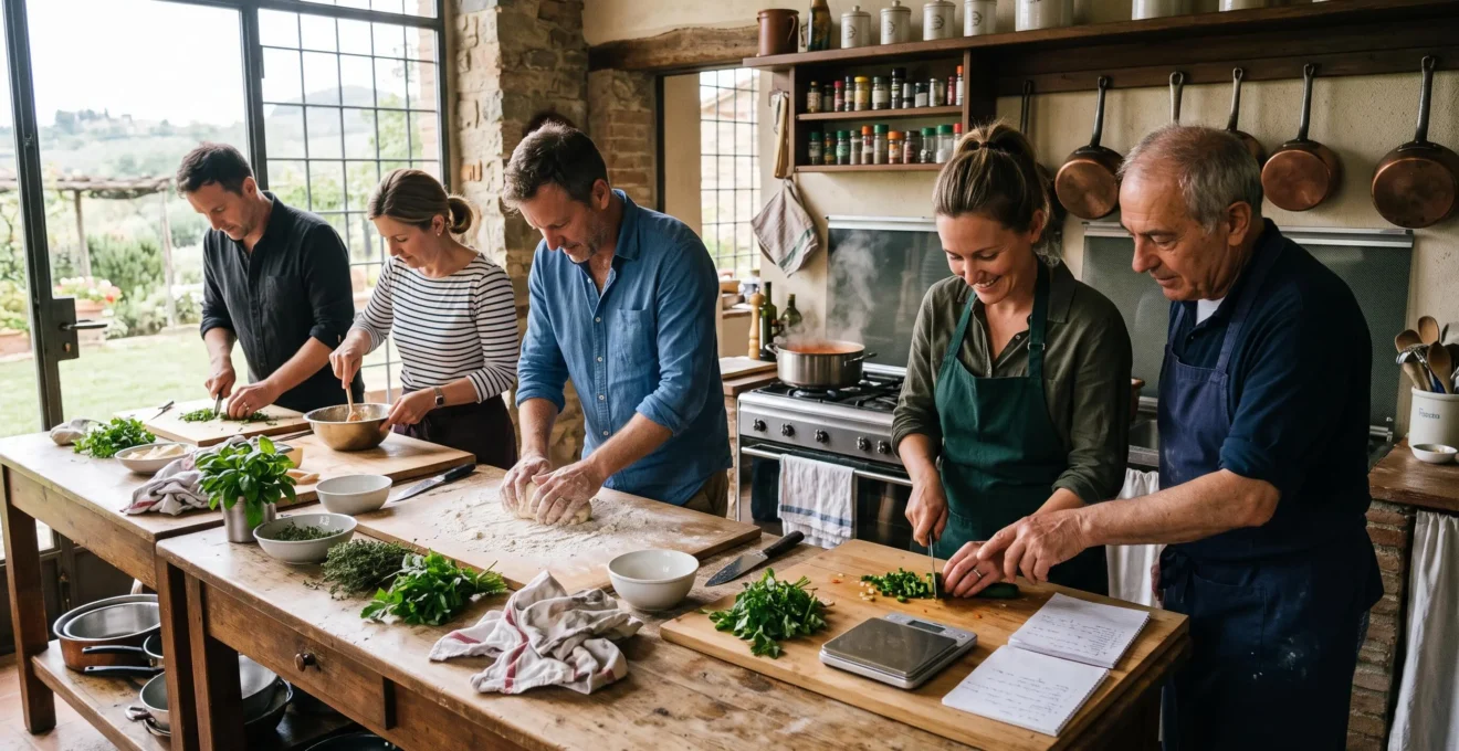 Petit groupe de participants cuisinant chacun à sa station pendant qu'un chef guide leurs gestes dans une cuisine de cours.
