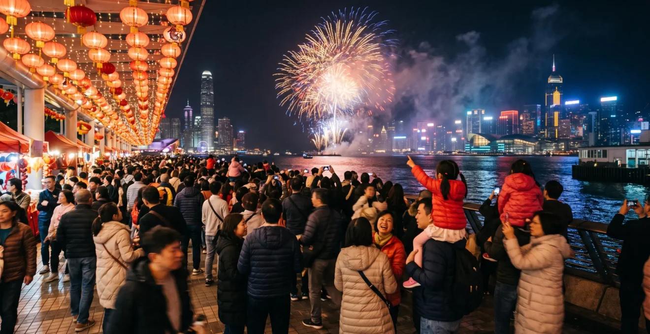Foule rassemblée le soir le long d'un quai illuminé de lanternes rouges pour observer un feu d'artifice du Nouvel An lunaire au-dessus de l'eau.