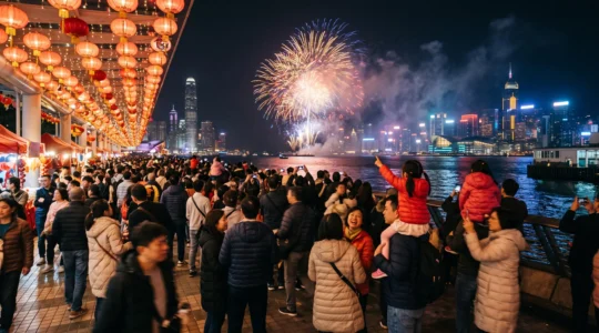 Foule rassemblée le soir le long d'un quai illuminé de lanternes rouges pour observer un feu d'artifice du Nouvel An lunaire au-dessus de l'eau.