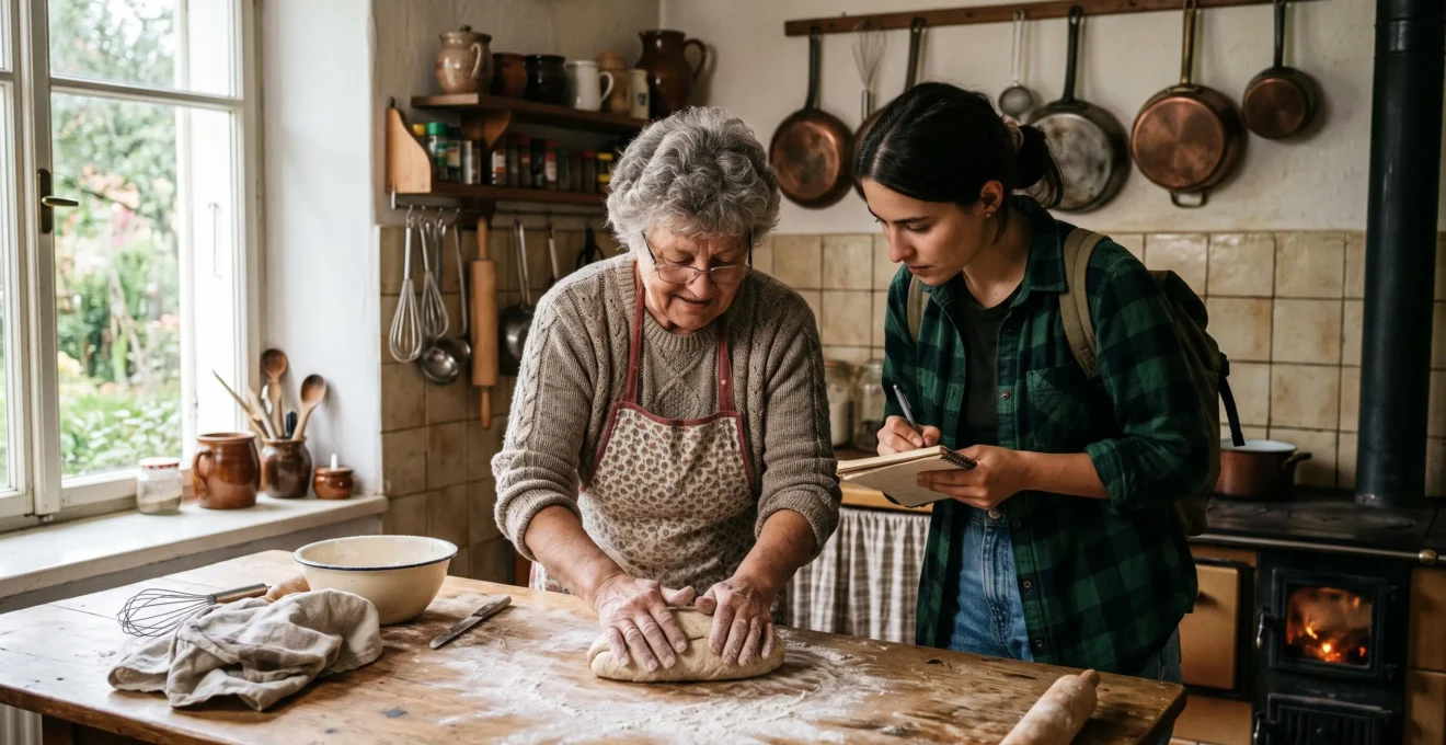 Une grand-mère façonne une pâte traditionnelle sur une table en bois tandis qu'un voyageur observe et prend des notes dans sa cuisine familiale.