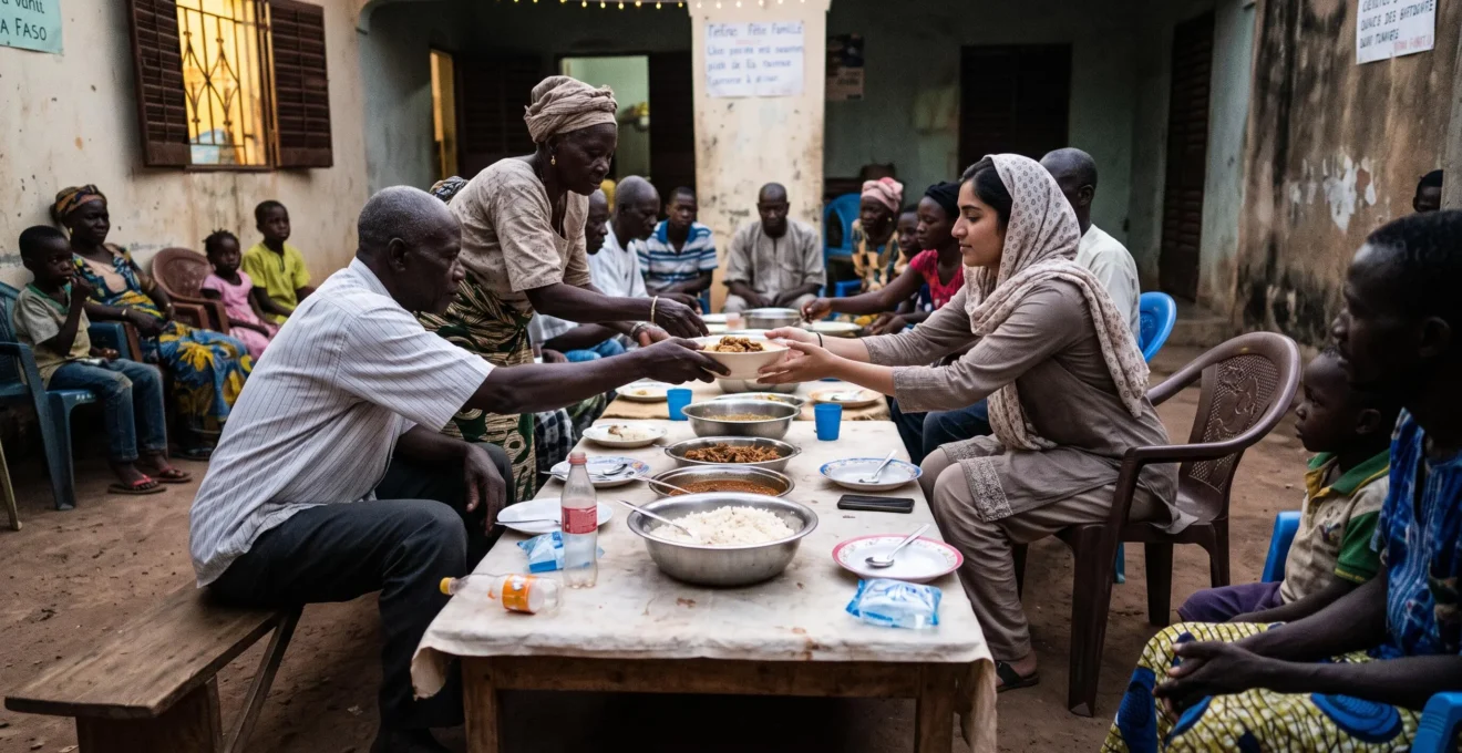 Un voyageur invité partage un repas familial traditionnel et reçoit un bol à deux mains pendant que l'aînée du foyer sert les personnes âgées en premier.