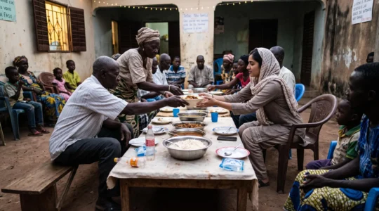 Un voyageur invité partage un repas familial traditionnel et reçoit un bol à deux mains pendant que l'aînée du foyer sert les personnes âgées en premier.