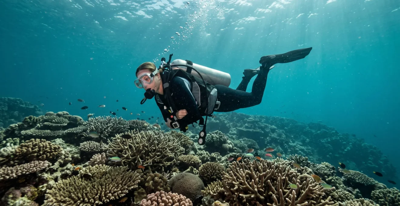 Un plongeur en équipement complet évolue horizontalement au-dessus d'un récif corallien vivant densément peuplé de poissons