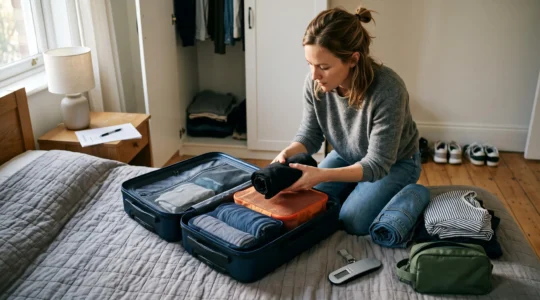 Une personne agenouillée à côté d'un lit place des vêtements roulés dans une valise cabine entourée de cubes de rangement et d'accessoires de voyage.