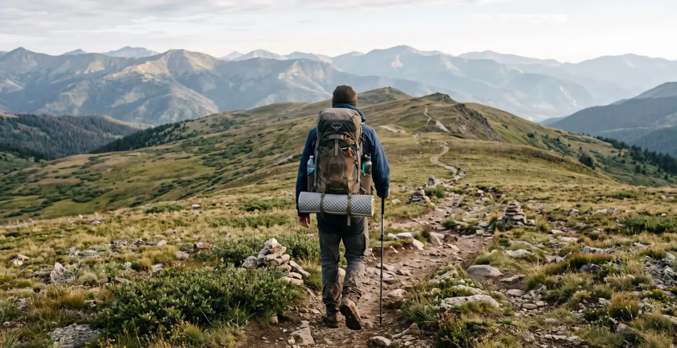 Un randonneur équipé d'un sac de trek chargé marche sur un sentier de montagne balisé au petit matin.