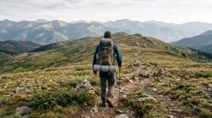 Un randonneur équipé d'un sac de trek chargé marche sur un sentier de montagne balisé au petit matin.