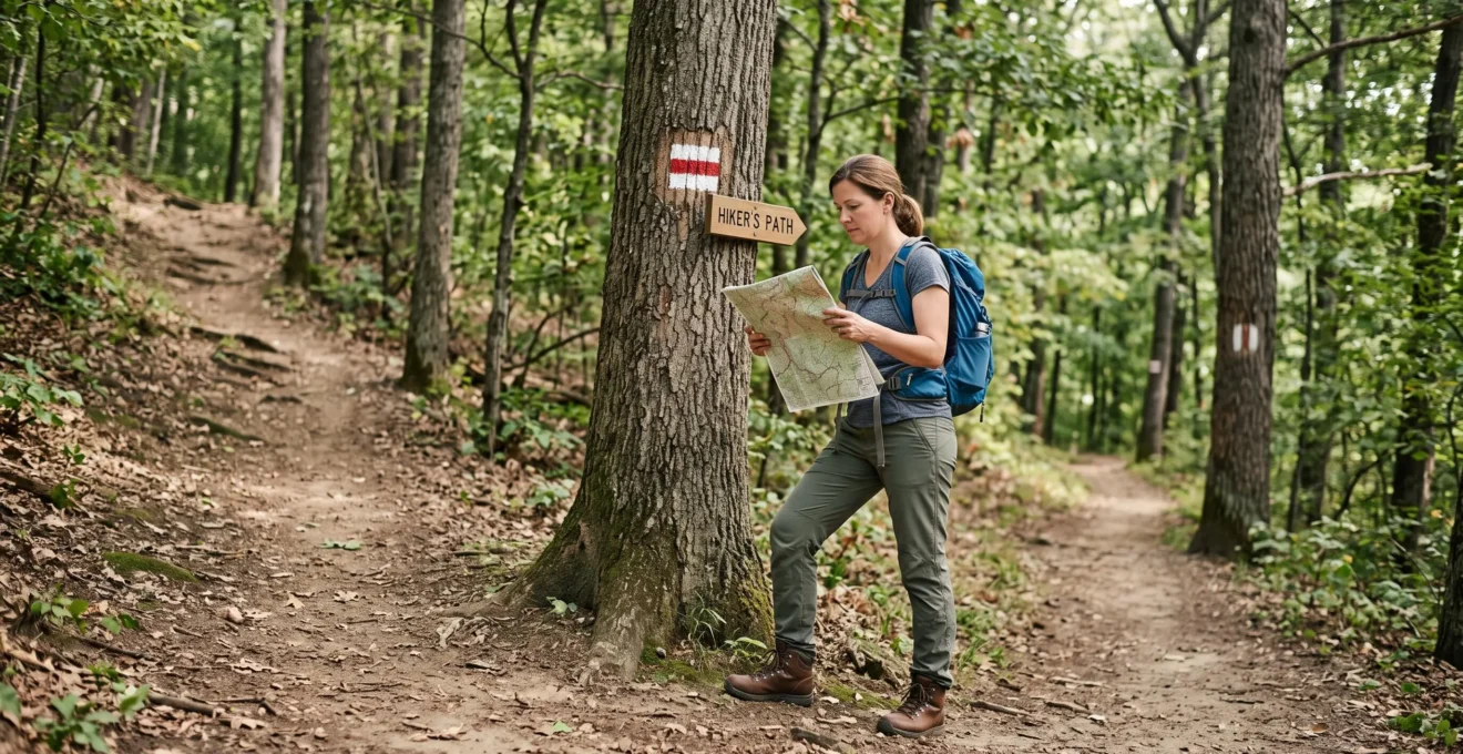 Un randonneur avec sac à dos et carte papier vérifie un balisage peint sur un tronc d'arbre à l'intersection de deux sentiers en forêt.