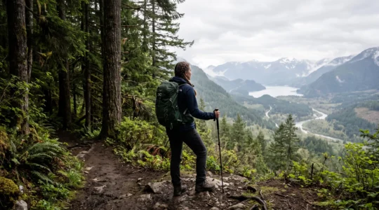 Une randonneuse se tient à la lisière d'une forêt tempérée, face à une vallée ouverte et un lac, entre environnement boisé fermé et grand paysage panoramique.