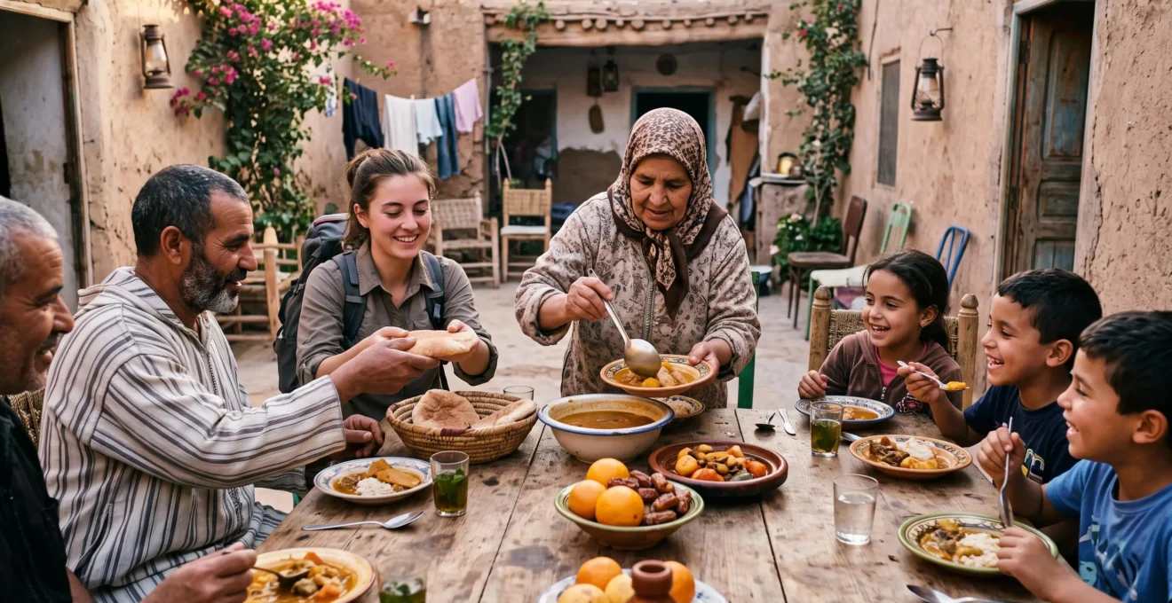Un voyageur partage un repas maison avec des habitants autour d'une table dressée dans une cour de village.