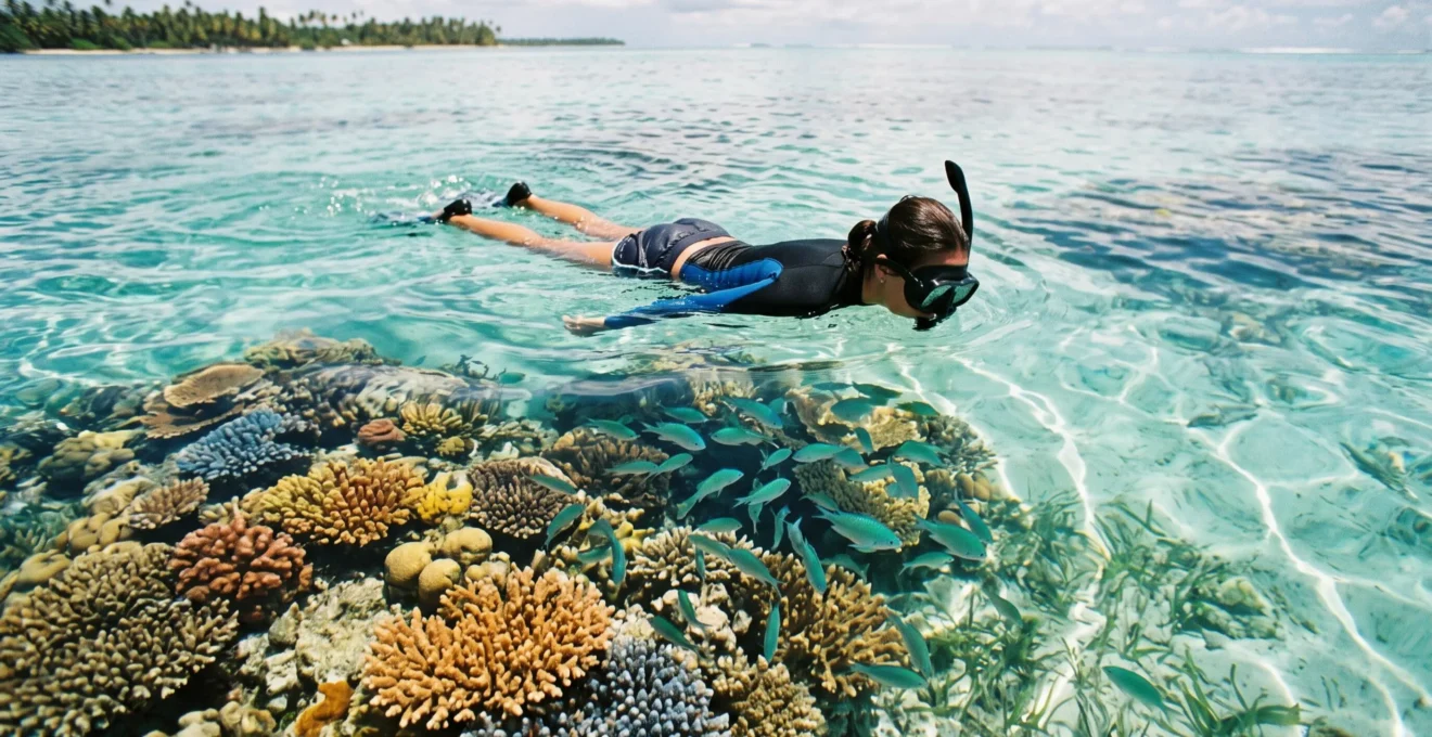 Une personne en masque et tuba observe un récif corallien peu profond depuis la surface d'un lagon transparent.