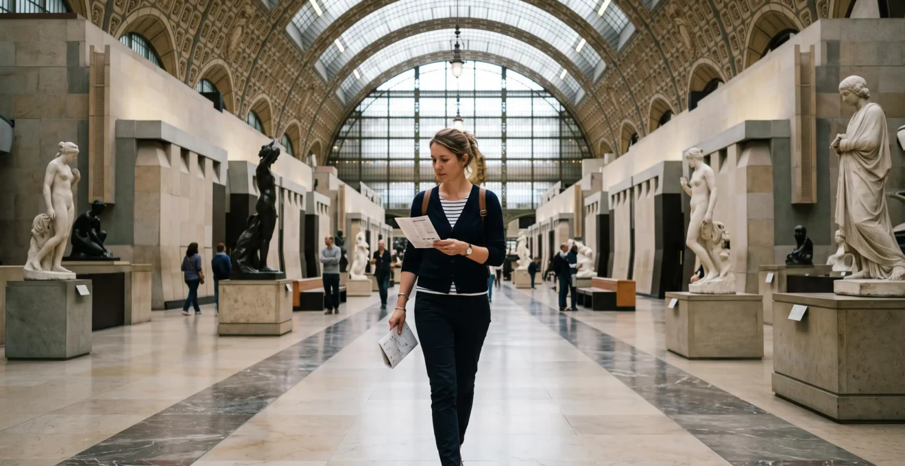 Une visiteuse marche dans une grande galerie de musée avec un plan de visite en main, sous une verrière laissant passer la lumière du jour.