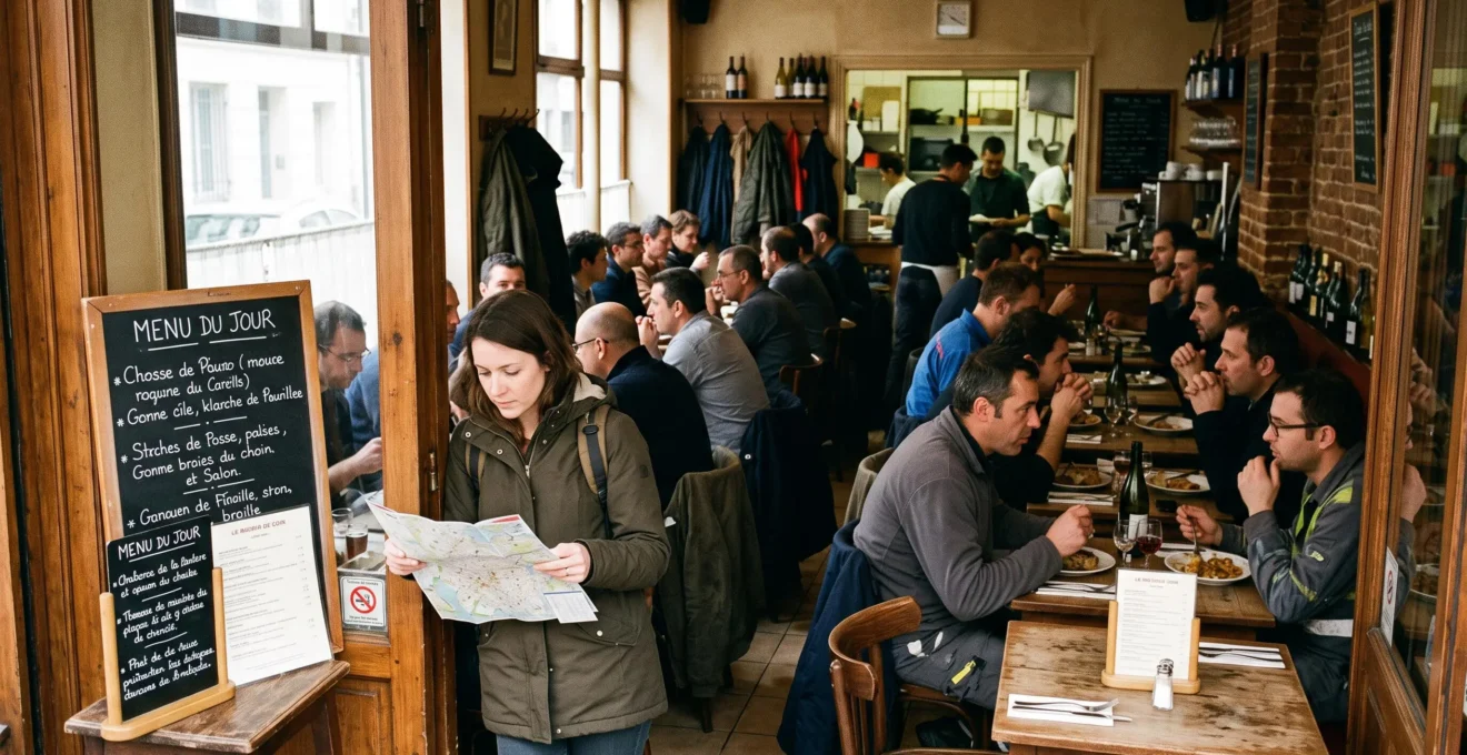 Un voyageur lit l'ardoise du menu devant un bistro de quartier rempli d'habitués attablés à l'heure du déjeuner.