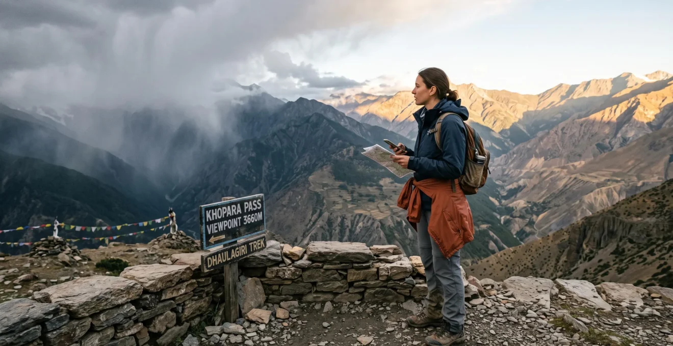 Un voyageur avec une carte et un téléphone compare deux vallées de montagne, l'une sous la pluie et l'autre ensoleillée, depuis un col au lever du jour.