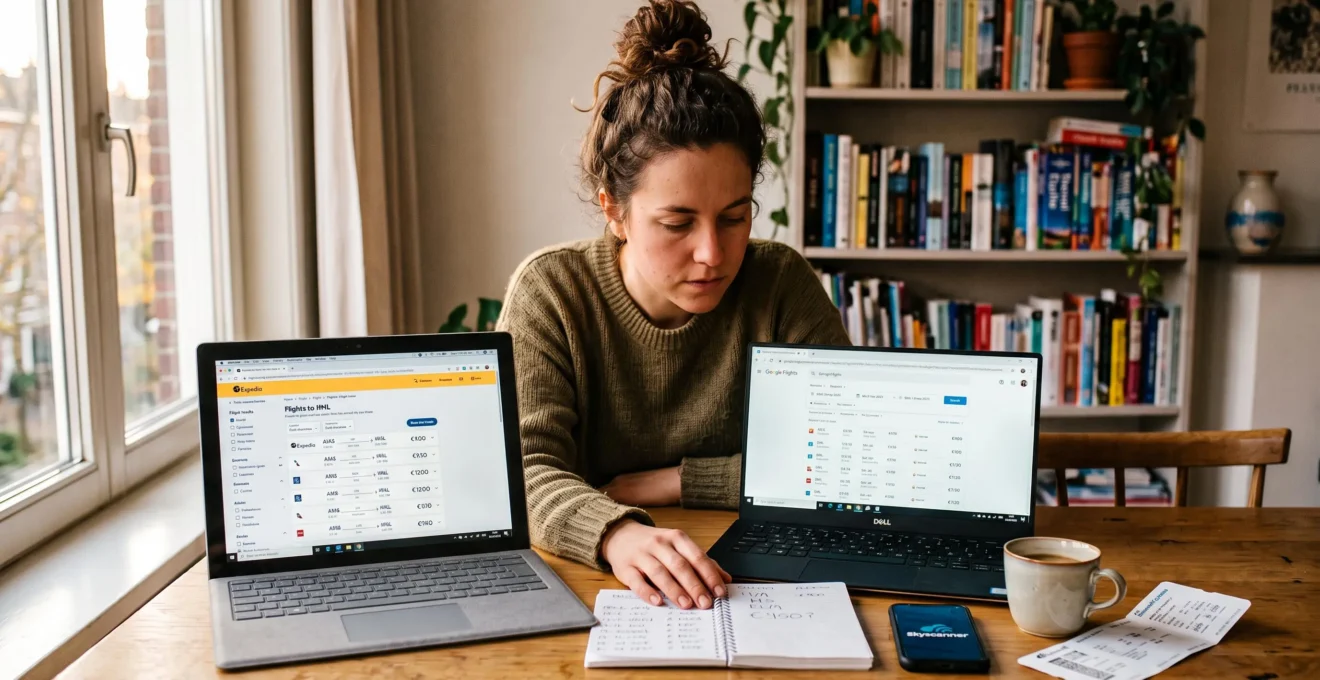 Un voyageur assis à une table compare les résultats de recherche de réservation de vols sur deux écrans d'ordinateur portable, avec un calepin de notes tarifaires à la main.