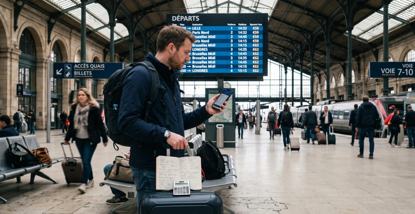 Un voyageur debout dans une gare compare sur son smartphone un prix affiché sur le tableau des départs, un carnet posé sur sa valise.