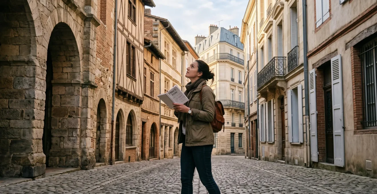 Un voyageur observe les façades superposant plusieurs styles architecturaux le long d'une rue ancienne au petit matin.