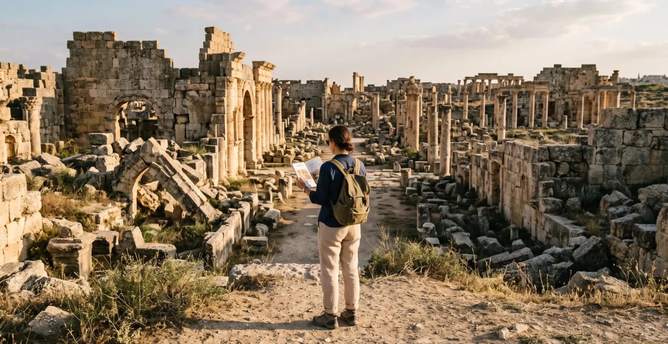 Un voyageur muni d'un guide compare des ruines de pierre en partie effondrées dans un vaste site archéologique en fin d'après-midi.