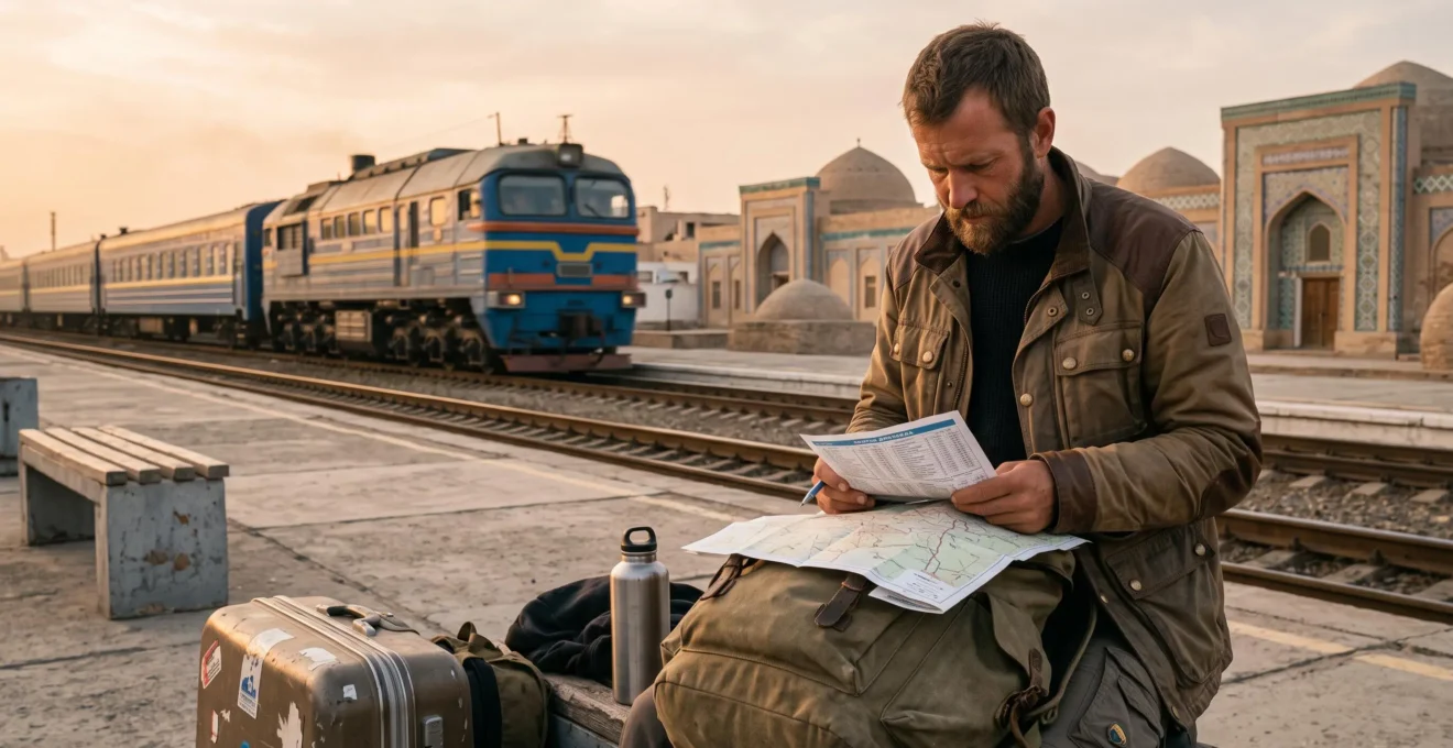 Un voyageur consulte un horaire de train imprimé posé sur son sac à dos sur un quai de gare d'une ville d'Asie centrale au coucher du soleil.
