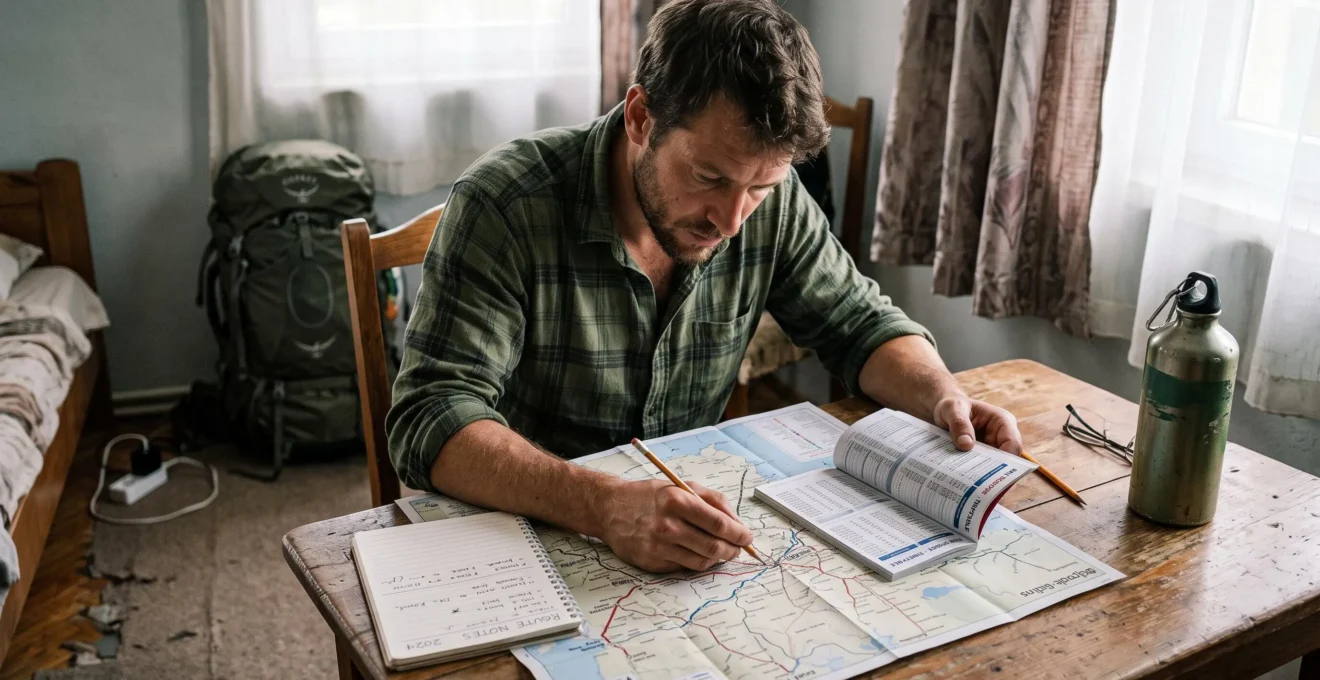 Un voyageur trace un itinéraire en train sur une carte posée sur une table, entouré d'un horaire et de notes manuscrites.