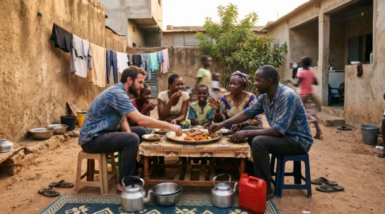 Un voyageur partage un repas communal avec une famille locale assise autour d'un plat commun dans une cour