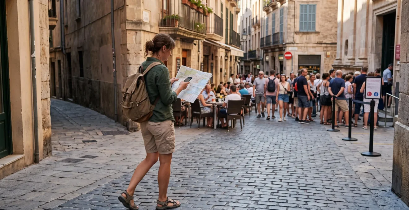 Un voyageur consulte une carte et son téléphone pour s'engager dans une ruelle calme, s'écartant de la rue touristique bondée derrière lui.