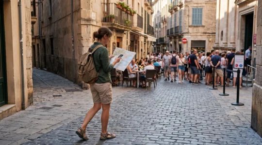 Un voyageur consulte une carte et son téléphone pour s'engager dans une ruelle calme, s'écartant de la rue touristique bondée derrière lui.
