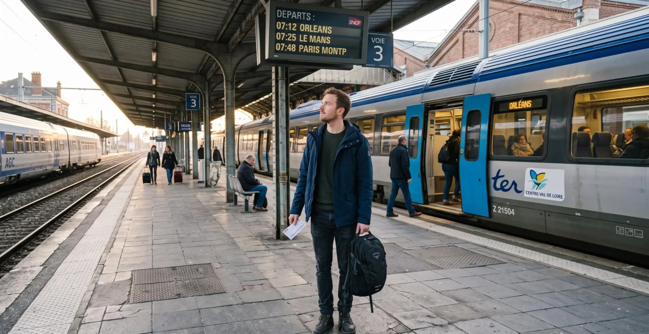 Un voyageur avec un seul sac à dos attend sur le quai d'une gare, regardant le panneau des départs pour une courte escapade.