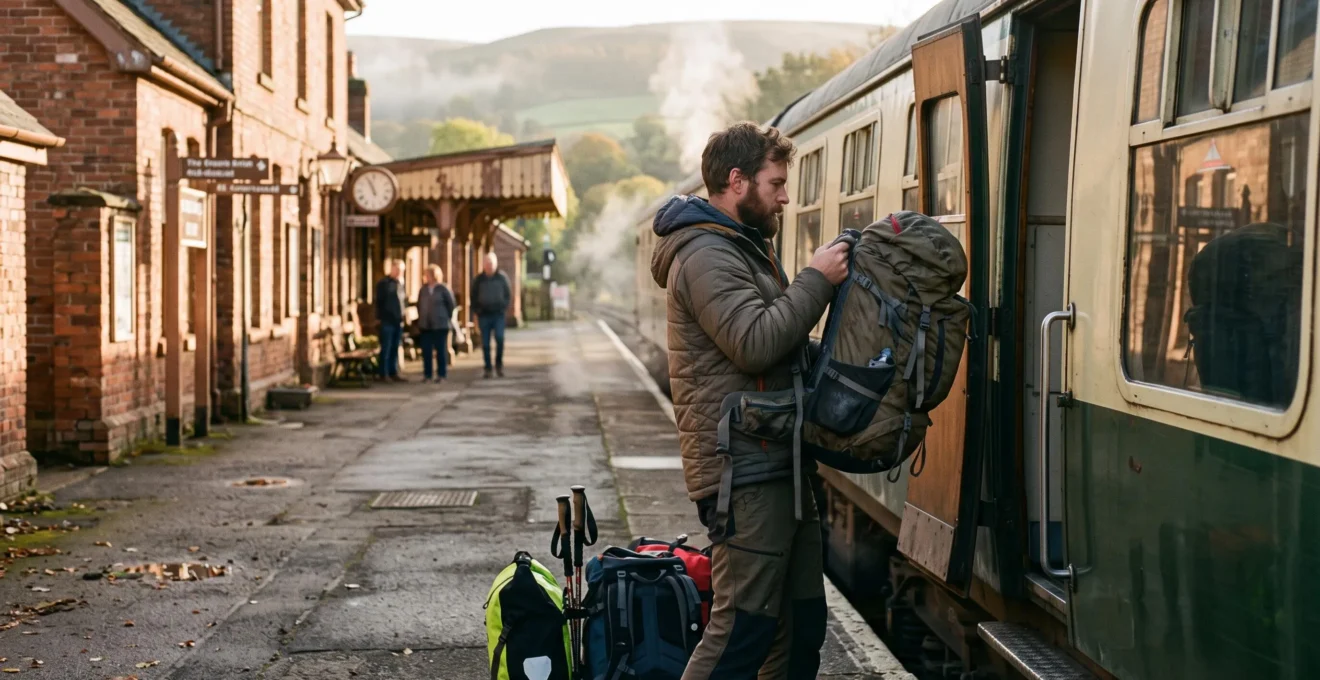Un voyageur charge un grand sac de randonnée dans le porte-bagages d'un train régional arrêté en gare au lever du jour.