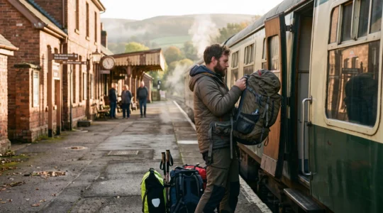 Un voyageur charge un grand sac de randonnée dans le porte-bagages d'un train régional arrêté en gare au lever du jour.