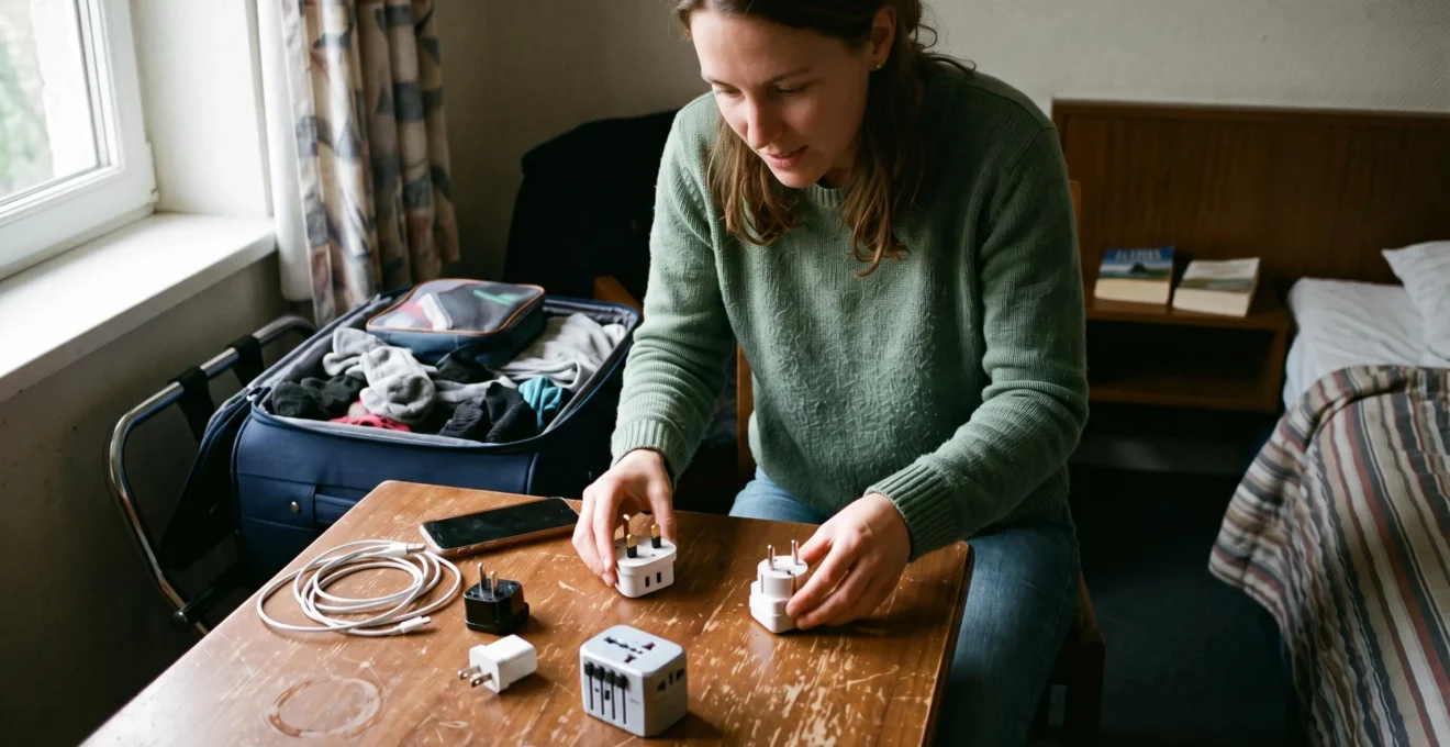 Un voyageur trie plusieurs adaptateurs électriques de formes différentes sur une table à côté d'une valise ouverte.