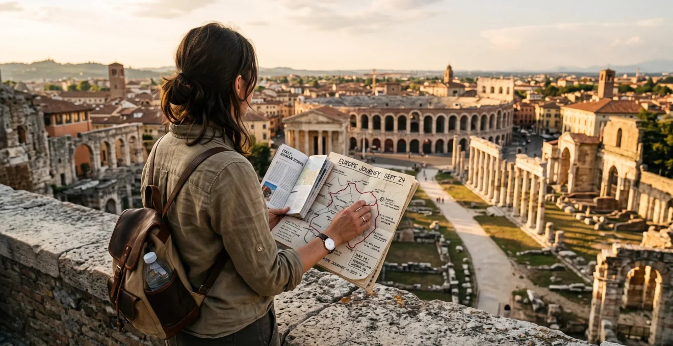 Un voyageur debout sur un point de vue surplombant des vestiges romains étendus, consultant une carte papier tracée d'un itinéraire en fin de journée.