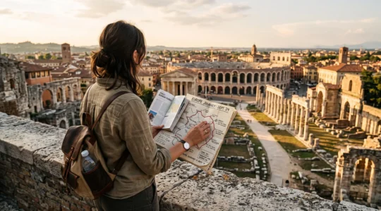 Un voyageur debout sur un point de vue surplombant des vestiges romains étendus, consultant une carte papier tracée d'un itinéraire en fin de journée.